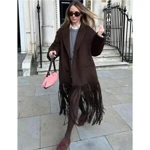 Women's Long Coat Notch Lapel Single-Breasted Jacket Brown
